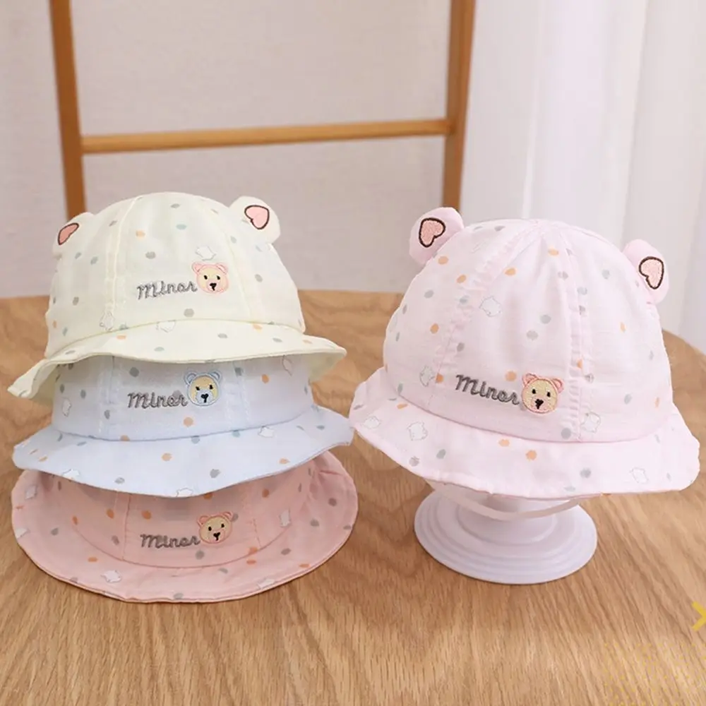 

Solid Color Cute Baby Bucket Hat Cartoon Bear Ear Windproof Newborn Panama Cap Portable Sun Protection Fisherman Hat Beach