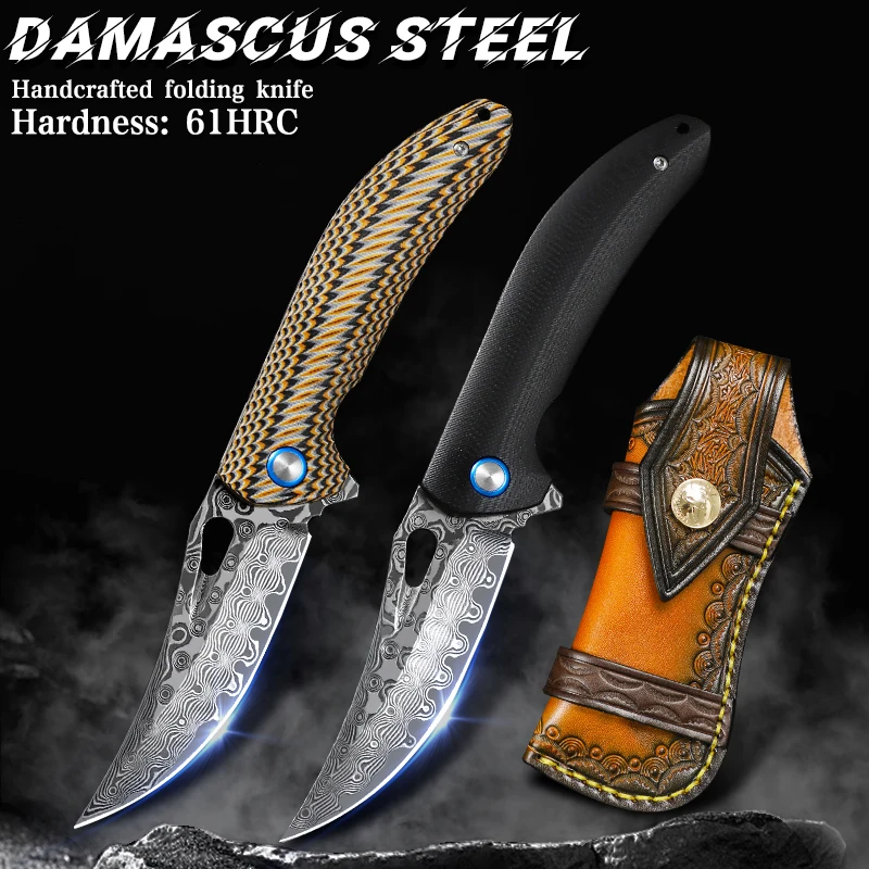 

High-Hardness Damascus Steel Folding Pocket Knife with G10 Handle Multi-Purpose Outdoor Camping Knife Hiking and Camping EDC Too