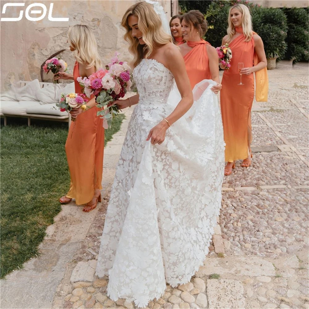 Vestidos de casamento Floral Lace Appliques, Vestidos de noiva sem alças, até o chão, sem mangas Backless, elegante, SOL