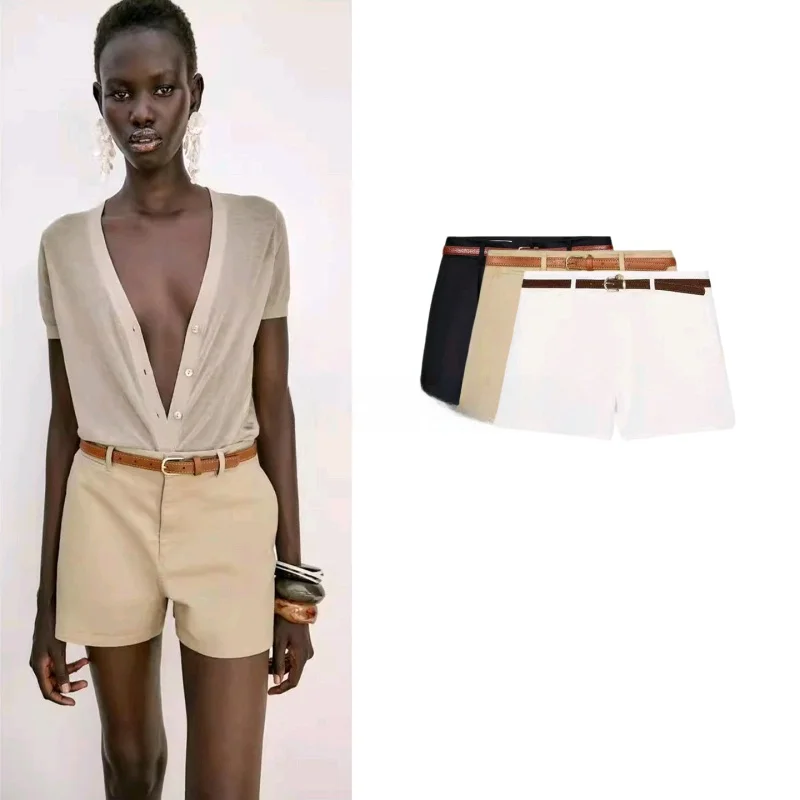 

Новые летние женские повседневные прямые шорты с металлическими пуговицами, молнией и декоративным поясом, из полиэстера, с естественной линией талии