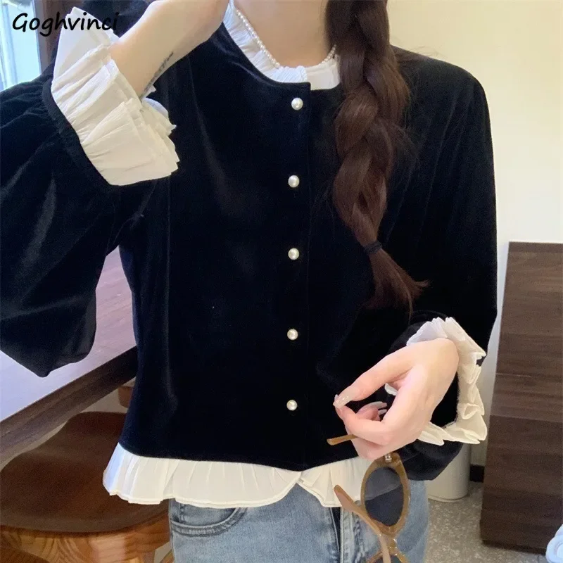 

Black Shirts Women Autumn Velour Ruffles French Style Long Sleeve Shirt Baggy All-match Designs Elegant Streetwear Fashion Ins