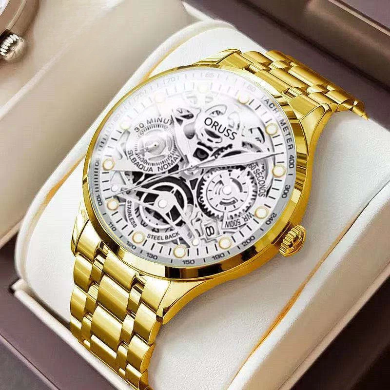 Men's Quartz Watch Male Business Wristwatch Hollow Dial Calendar Luminous Display Steel Band Waterproof Fashion Casual Watches