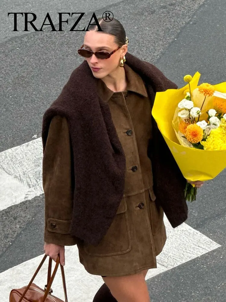 

TRAFZA Retro Lapel Single Breasted Button Elegant Women's Pocket Street Jacket Fashion Suede Women's Winter Warm Casual Blazer