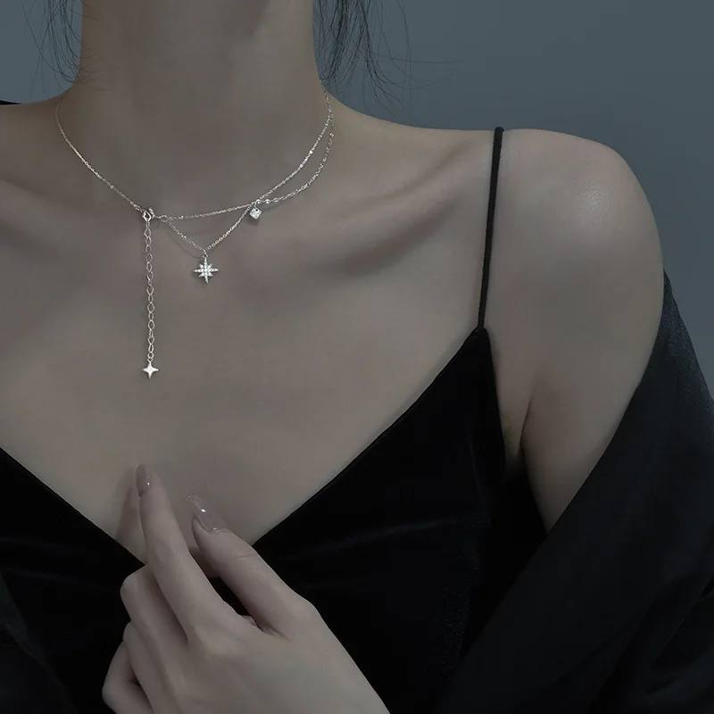 Sterling silver flash diamond six pointed star necklace light luxury small design cold senior double tassel lock necklace