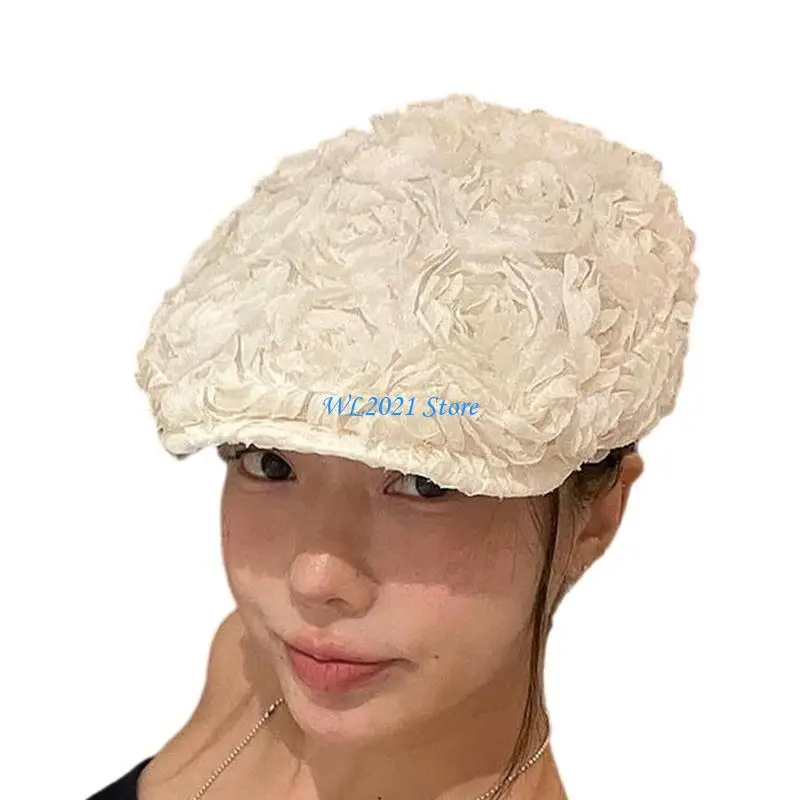 

G5GC Hat for Woman Breathable French Painter Hat with Rose Flower Decals Hat Adult Teens Photography