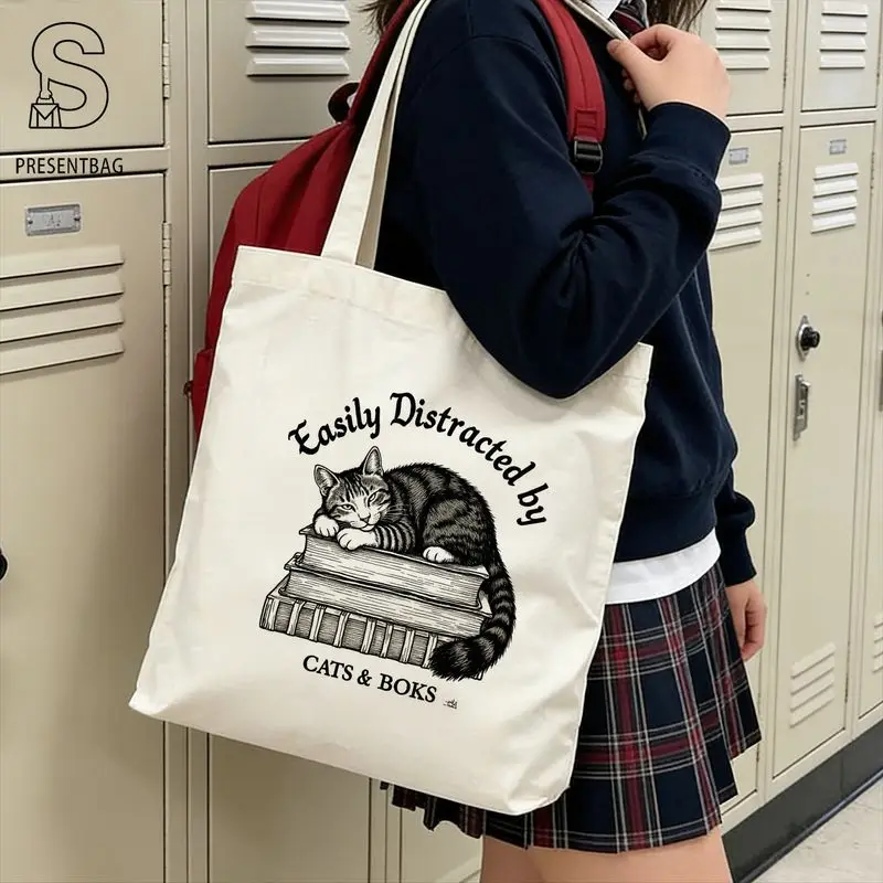 1pc, Black and White Hand-Painted Style Sleepy Calico Cat Print Canvas Bag, Vintage English Slogan & Tote Bag, Simple Single-Sho