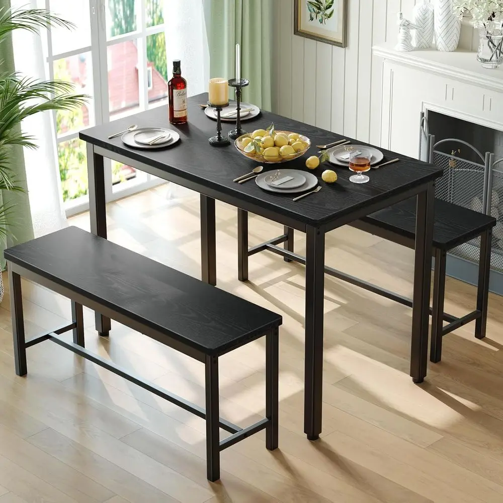 

Dining Table Set or 4, 3-Piece Kitchen Table with 2 Benches, Space-Saving Dining Room Set or Breakast Nook and Small Spaces, Bla