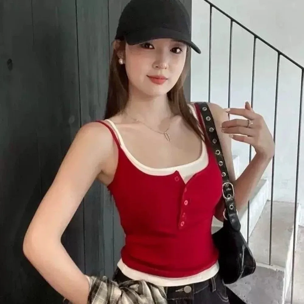 Color Blocking Crop Top Square Neck Slim Fit Sling Vest Top Button Underwear Sleeveless Fake Two-pieces Camisole Student