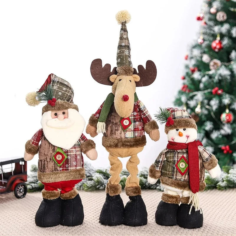 

Christmas Snowflake Plaid Cloth Telescopic Figurine Decoration Santa Claus Standing Plush Doll for Table Tree Holiday Home Decor
