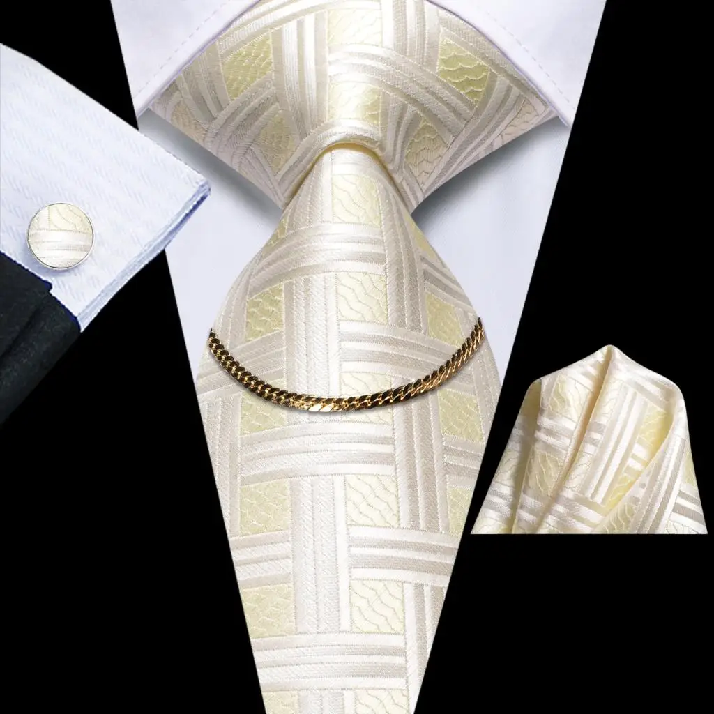 

Plaid Champagne 2023 Luxury Silk Men Tie Fashion Necktie Chain Hanky Cufflink Gift For Men Wedding Hi-Tie Designer Wholesale