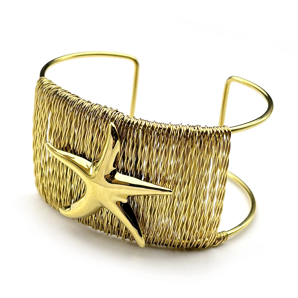 

Ocean Starfish Open Cuff Woven Wide Bracelet for Women Girl Stainless Steel Gold Color Summer Adjustable Bangle Party Jewelry
