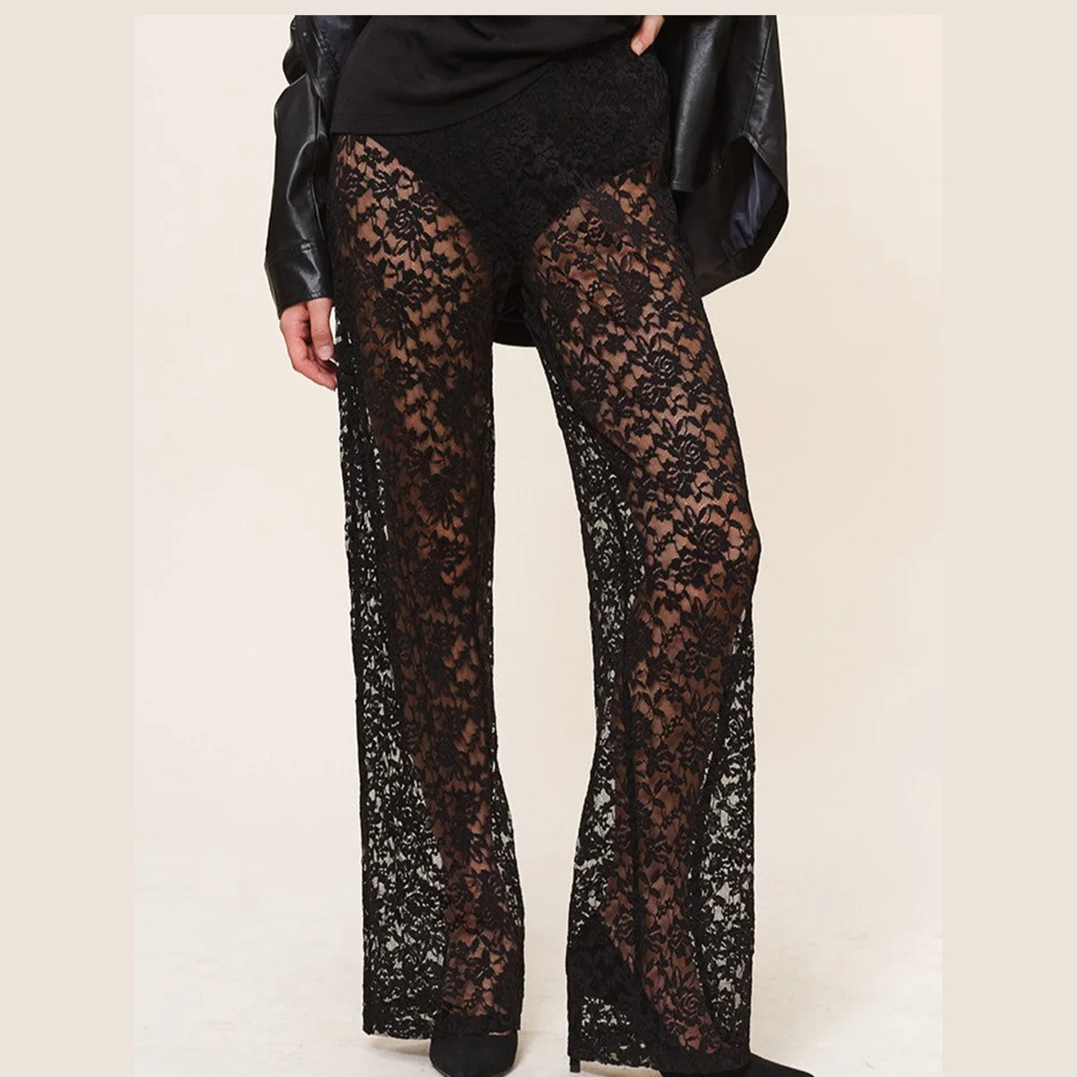

Прозрачные кружевные брюки, сексуальные женские эластичные широкие брюки-клеш, женские летние повседневные прямые брюки, готические брюки-клеш
