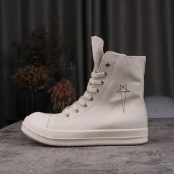 24ss New In Rick Canvas Shoes Pentagram Embroidery Owens Shoes For Women Lace-up White High-Top Casual RO Male Sneakers