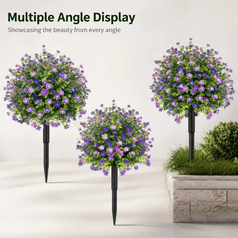 Set of 2 Artificial Boxwood Topiary Ball Trees with Spikes, Outdoor Flowers for Planters Yard Porch Pathway Office Balcony Decor