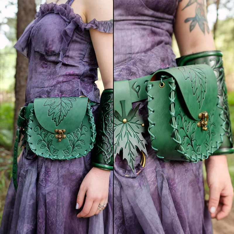 NamcheBarwa Mittelalterliche Vintage Punk Blatt-Prägung PU-Leder Gürteltasche Unisex Hüfttasche für LARP Cosplay