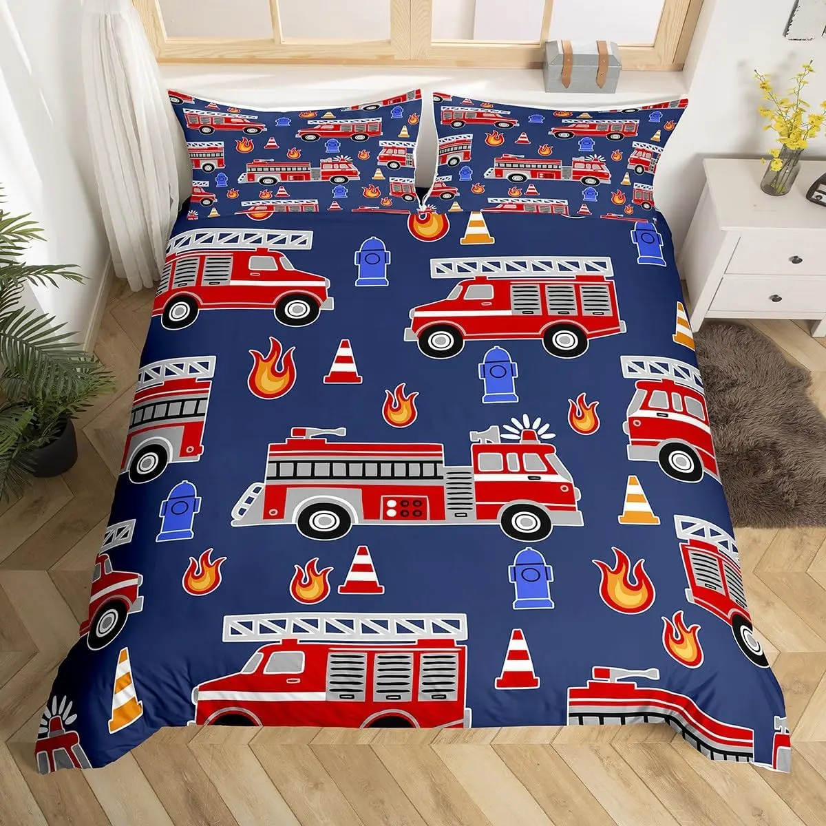 Fire Truck Duvet Cover for Kids Boys Fire Engine Vehicle Extinguisher Fire Hydrant Print Bedding Set Microfiber Twin Quilt Cover