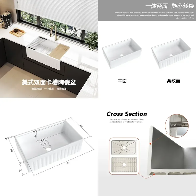 For Retro American Kitchen Large Single Bowl White Ceramic Farmhouse Sink Semi Recessed Front Apron Vegetable Washing Basin