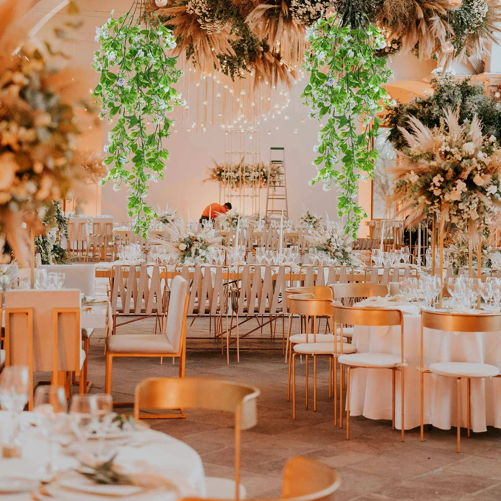

2Pcs Realistic Artificial Hanging Vines Faux Greenery Leaves Fake Plant Stems for Home Office Wedding Indoor Outdoor Decor