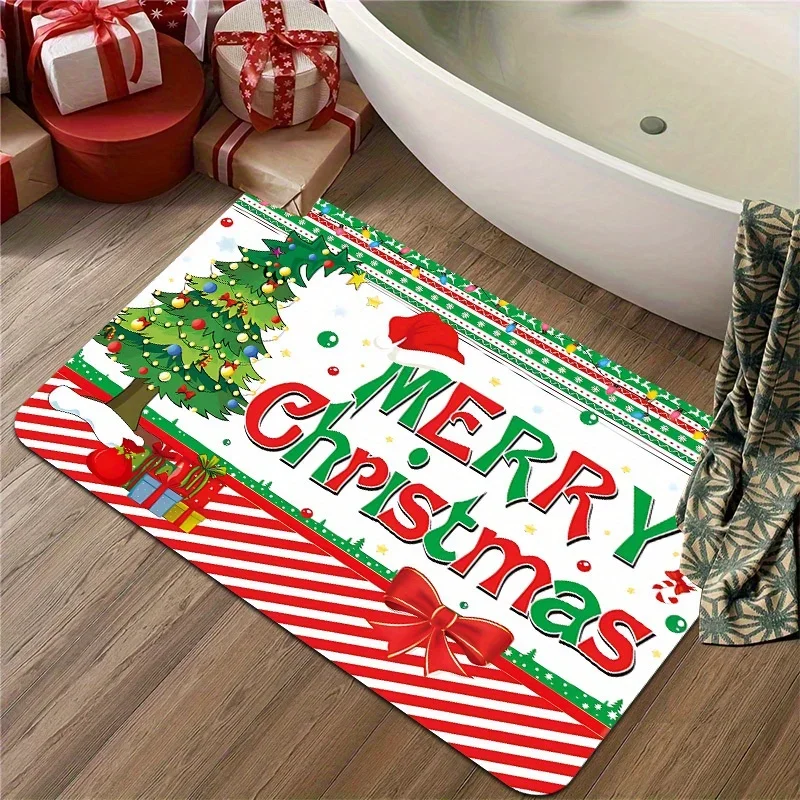 Christmas Tree Flannel Floor Mat Carpet, Colorful Balls Bow Snow Hat Design,  Merry Christmas Letters Non-Slip for Home Decor