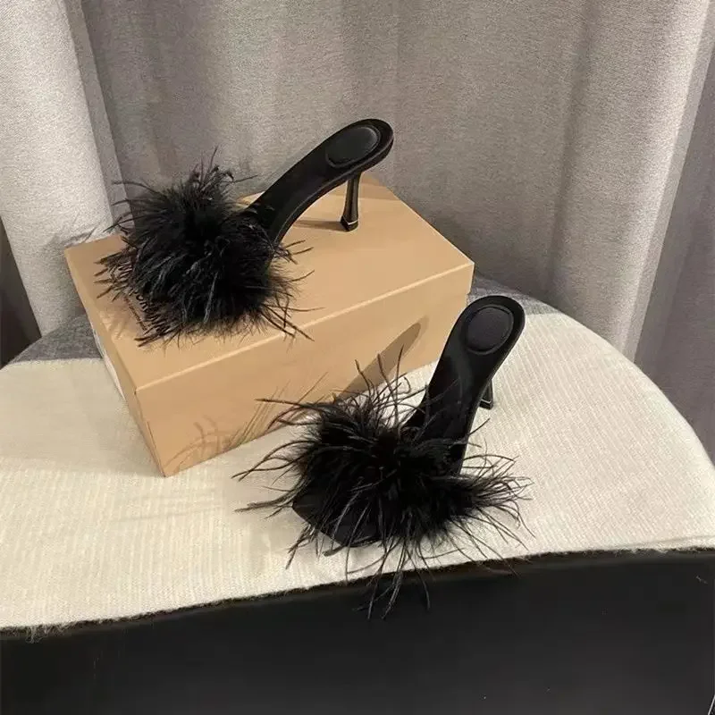 Vintage Feather Fuzzy Job Furry Shoes Fluffy Open Toe Black Slides Women\'s Slippers and Ladies Sandals Heeled Sexy Outside Shoe