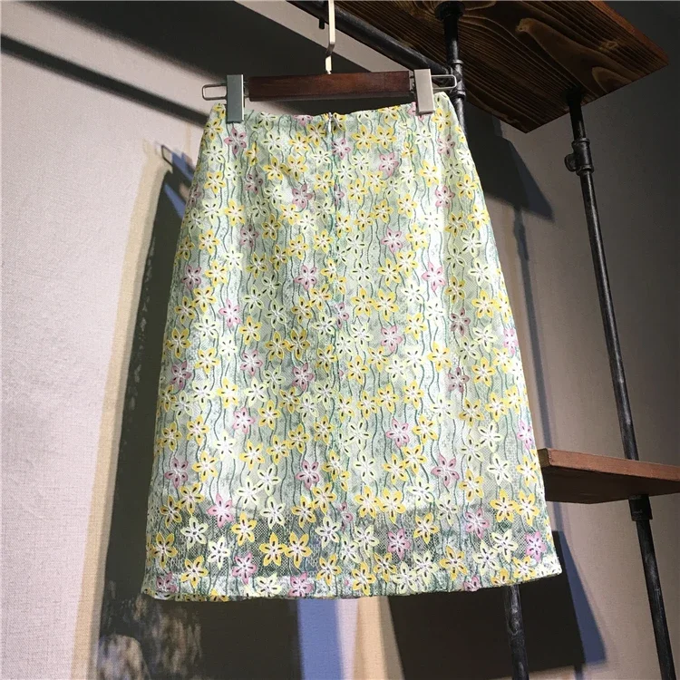 Lace Flower Women Bodycon Skirt Office Female Slim Knee Length High Waist Stretch Sexy Pencil Skirts Jupe Femme