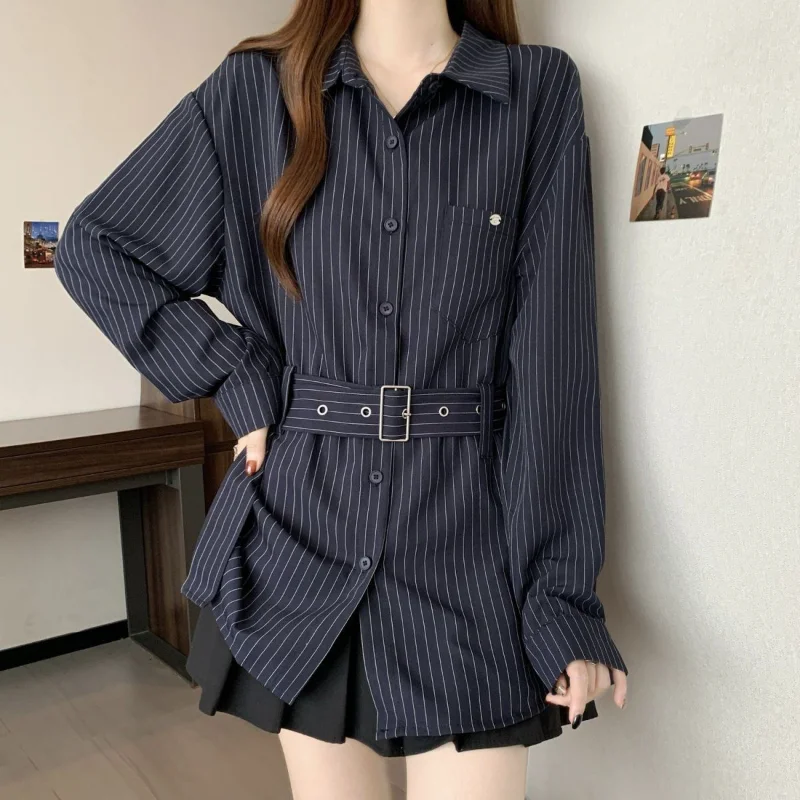 

Autumn 2025 New Blue Striped Long-sleeved Women's Korean Style Waist Shirt Top