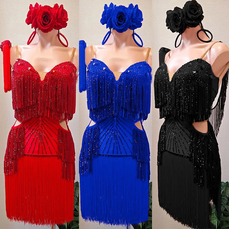 2026 Latin Dance Competition Clothing Girls Women Rhinestone Fringes Flower Dress Chacha Dance Costume Performance Dress BL20382