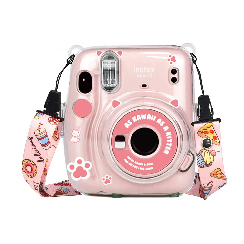 Bolsa de almacenamiento transparente para cámara Instax Mini11, estuche de cristal, Correa y pegatina, juego de tres piezas