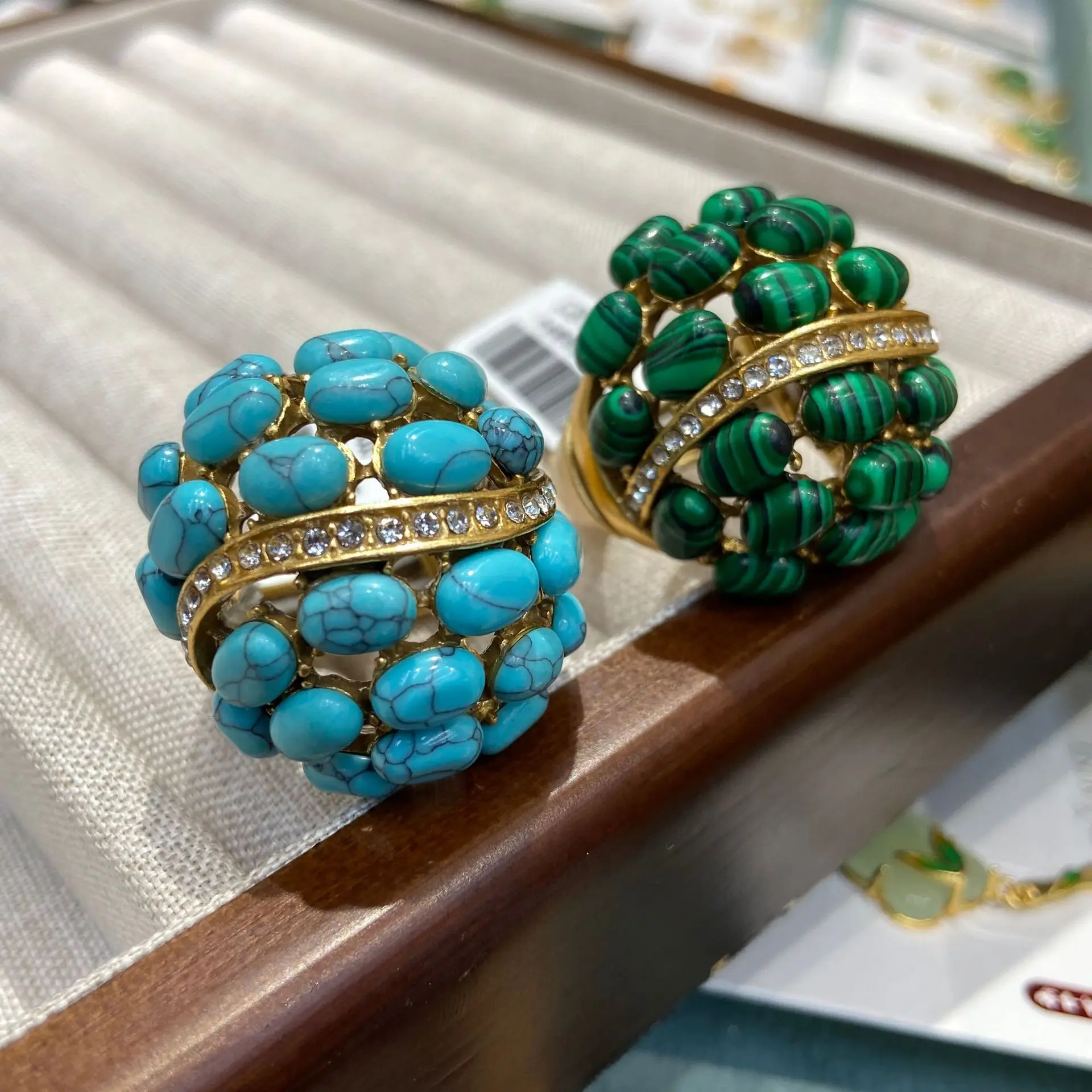 Women's Turquoise Malachite Oval Bungee Ring Woman Personality Exaggeration Female Accessories Engagement Wedding Band Jewelry