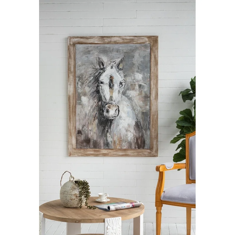 

Hand-Painted White Horse Art, Stormy Gray Background, 35.4x47.2 Inches