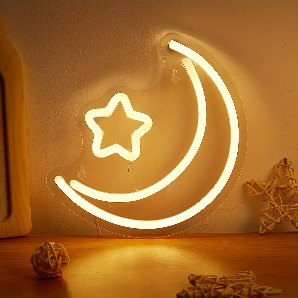 Moon Star Neon Sign Wall Decor for Bedroom, USB Powered 3D Art Neon Sign Light Wedding Bar Party, Gift for Kids Children Girl