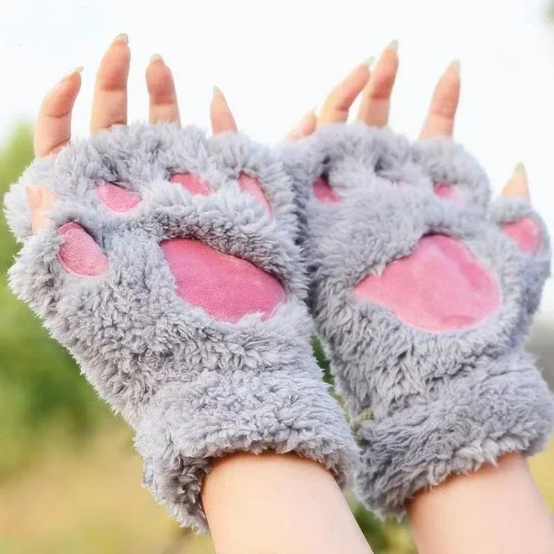 Winterwarme, niedliche Katzenklauenhandschuhe, warm und kältebeständig, dicke Plüsch-Halbfingerhandschuhe für Damen