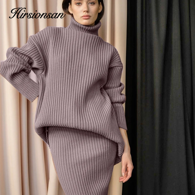 Hirsionsan Elegant Knitted Sets Women 2023 New Casual Two Pieces Turtle Neck Sweater and Midi Skirt Female Warm Suits with Skirt