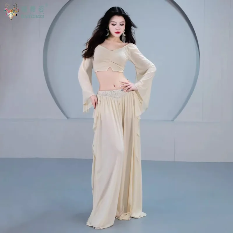 Conjunto de traje de danza del vientre para mujer, Top de manga larga + falda larga de malla con piedras AB, conjunto de ropa de danza del vientre Oriental para adultos, 2 uds.