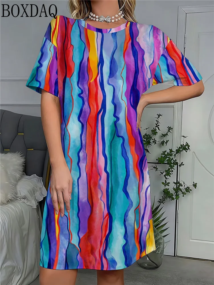 2026 women's round neck short sleeved loose striped abstract printed fashionable A-line dress suitable for shopping and dating
