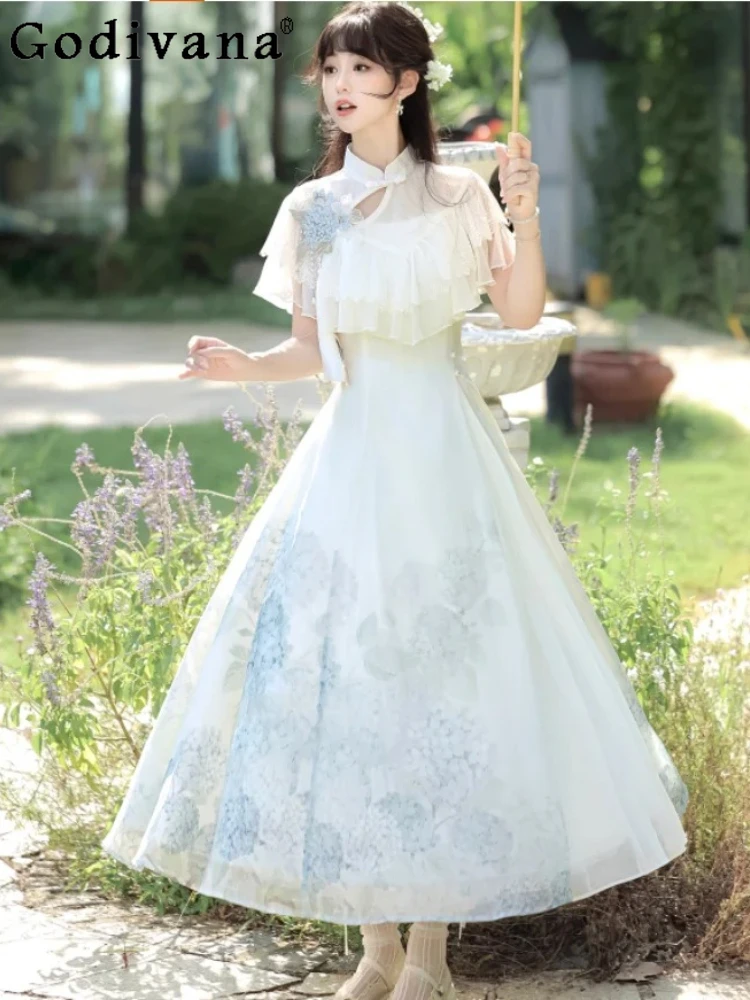 Summer Lolita Chiffon Chinese High Waist A-line Suspender Dress Girl Age Reduction Ruffles Stand-up Collar Shawl Two-piece Set