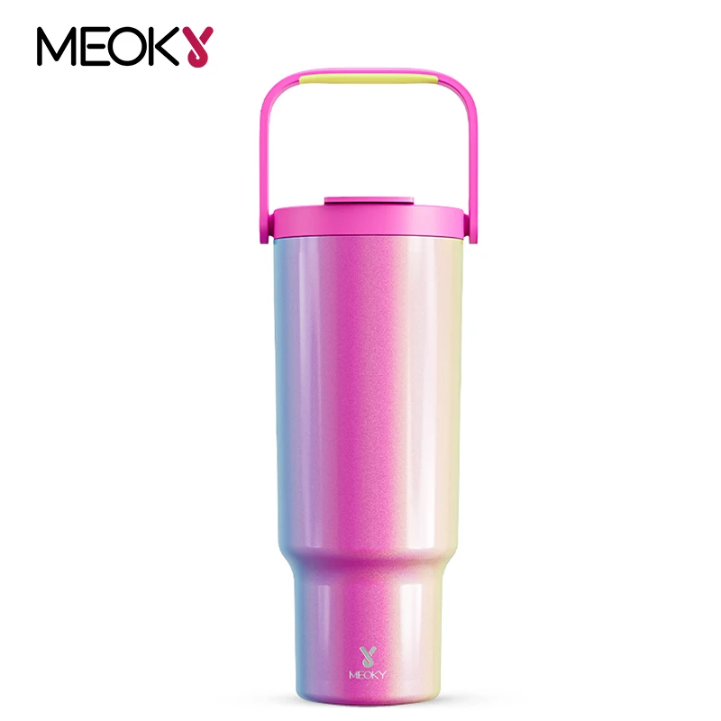 Meoky 40oz/1182ml H2.0 Tumbler with Handle Rainbow Gradient Stainless Steel Vacuum Coffee Cup Double Wall Car Mugs Fashion Gift