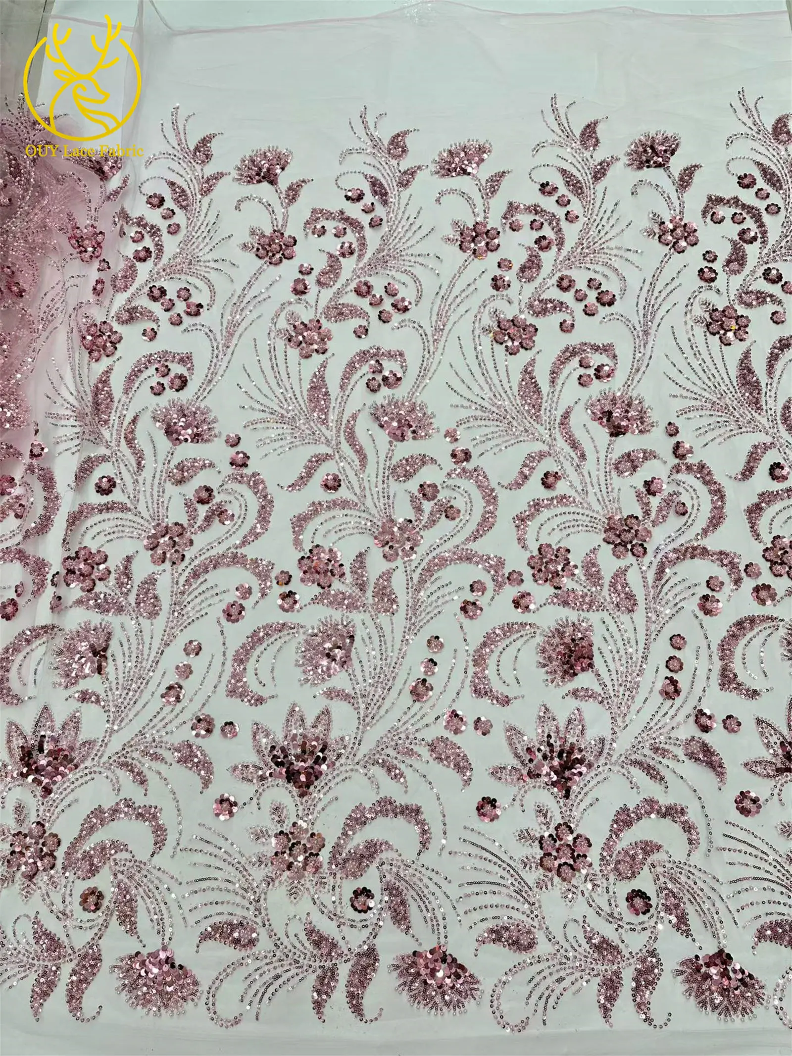 Eleganter 5-Yard-Paillettenstoff mit Kleinen Blumen, Afrikanischer Perlen-Pailletten-Spitzenstoff, Nigerianischer Luxuriöser Pailletten-Netzstoff für Kleider und Näharbeiten – Detail 5