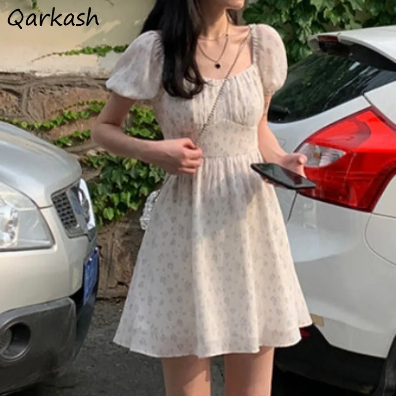 

Летние платья женские с квадратным воротником трапециевидной формы с пышными рукавами девичий корейский стиль Ulzzang Kawaii Fairy мягкий досуг для студентов колледжа