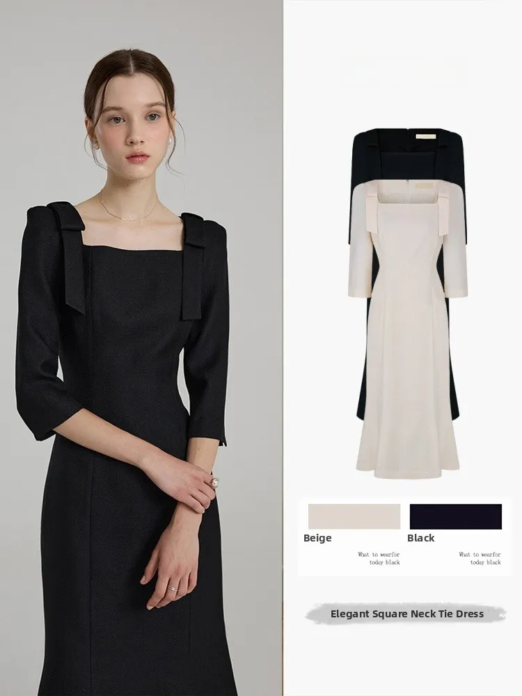 Elegant Black A-Line Dress for Women Spring Autumn New Style Long Sleeve Professional Casual High Waist Zipper City Commute