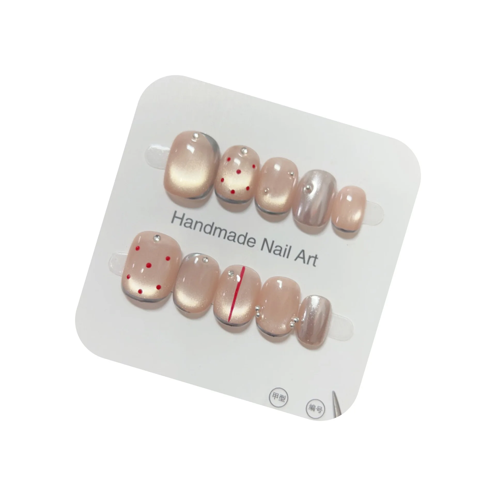 10pcs Handmade ภาษาฝรั่งเศสคําสั้นกดบนเล็บเงา CAT EYE Polka Dot Silver Powder Design เล็บปลอมสวมใส่เล็บเคล็ดลับ Art หญิง