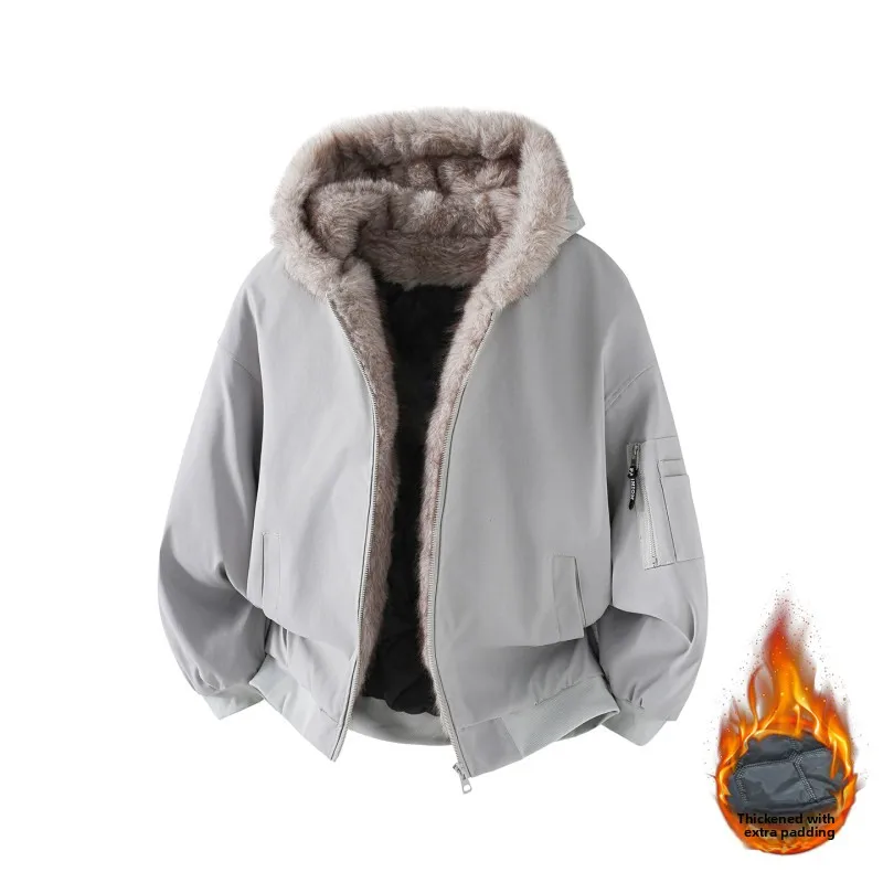 

2025 Winter Jaet Men's Thiened Warm Cotton Coat Youth Casual Loose Fit Hooded Zipper Closure Color Faionable Coat