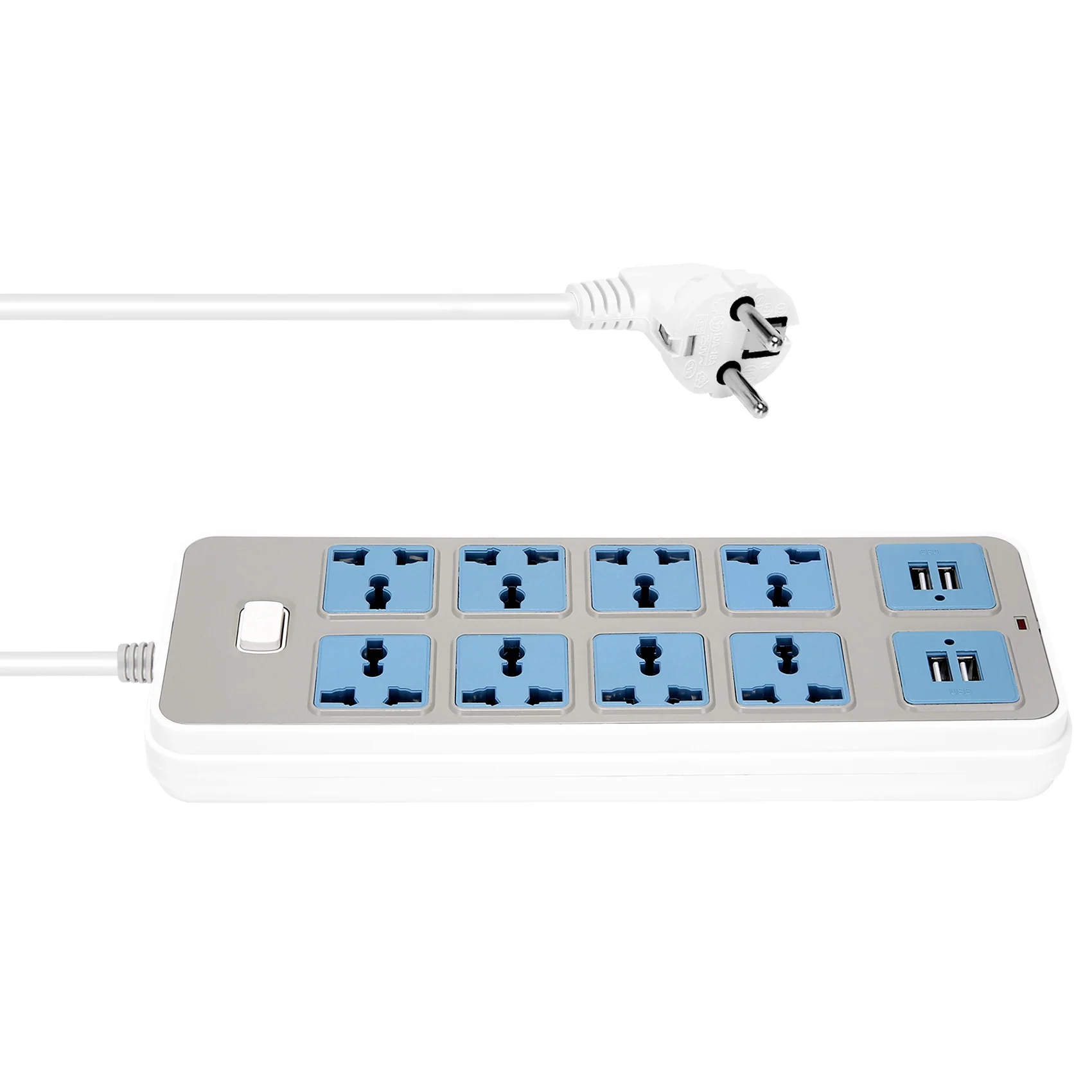 Power Strip with 4 USB Sockets, 3000W Power, 8 Universal Sockets, 6.5-Foot Power Cord, EU Plug