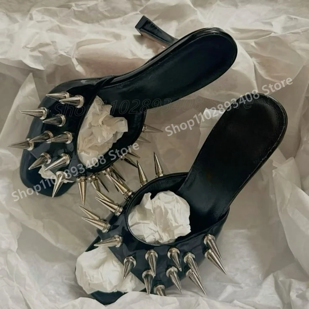 

Sexy Metal Round Rivets Slippers Square Toe Peep Toe Hot Girls Stiletto High Heel Fashion Women Shoes 2025 Summer Para Mujere