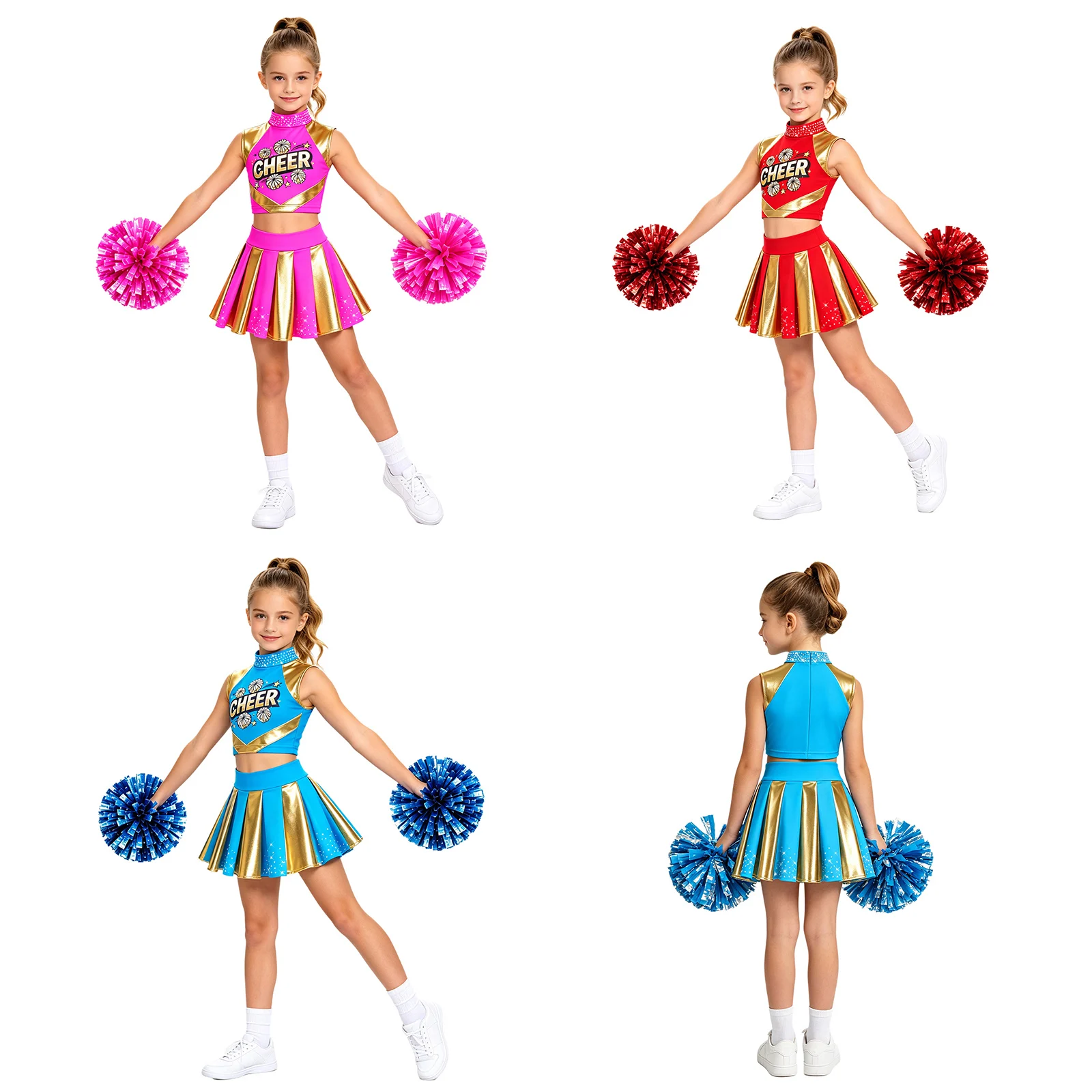 Cheerleader-Kostüm für Mädchen, Cheerleading-Uniform, 2-teiliges Set, ärmelloses Top mit Strasssteinen und „CHEER“-Aufdruck, kurzes Oberteil, plissierter Rock, Tanzoutfit. – Detail 3