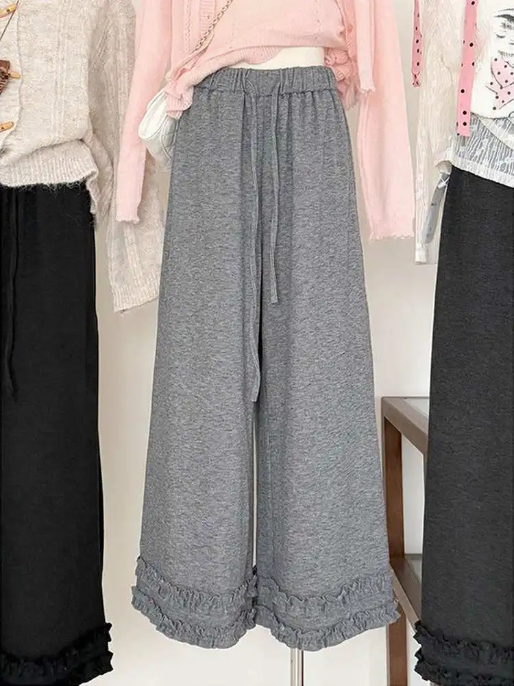 

Брюки больших размеров с флисовой подкладкой, утепленные, с рюшами, широкие, осенне-зимние, с высокой талией, свободные, стройнящие, повседневные, для полных женщин