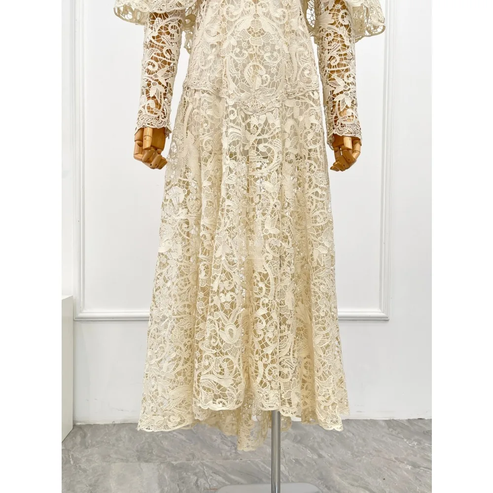 Cream Beige Lace Patchwork Long Sleeve Deep V Neck Midi Dress Top Quality As Picutre