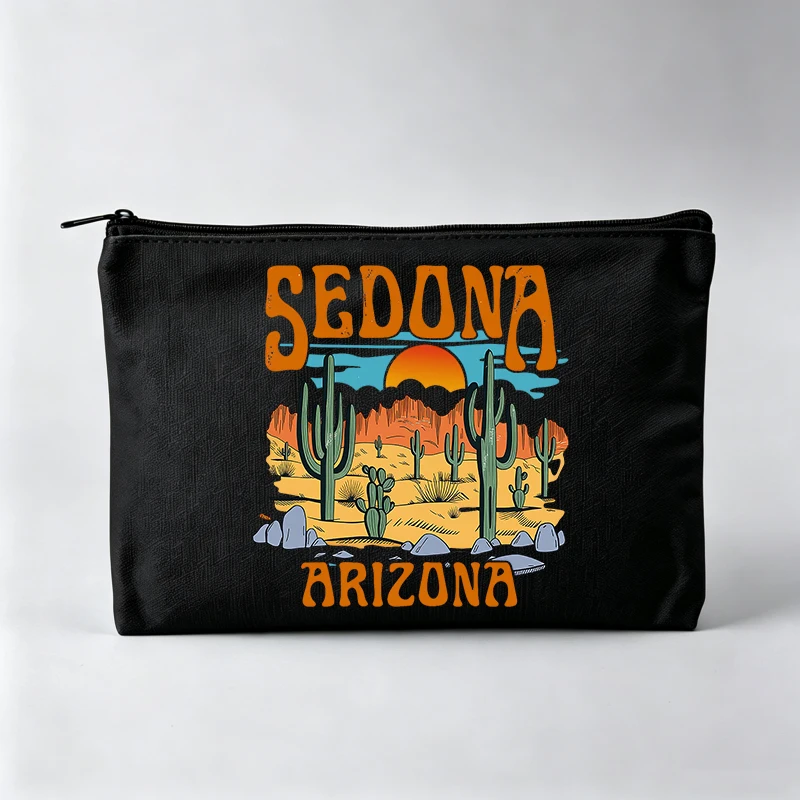 Desert Landscape and Cactus Print Makeup Bag, Vintage Style Cosmetic Pouch for Daily Use