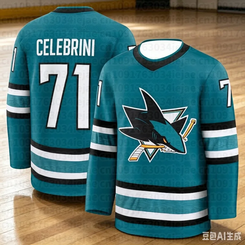 Hockey Jersey - Teal/Black/White Accents "Celebrini 71" Shark Logo Breathable Sports Jersey 3d HD Prints