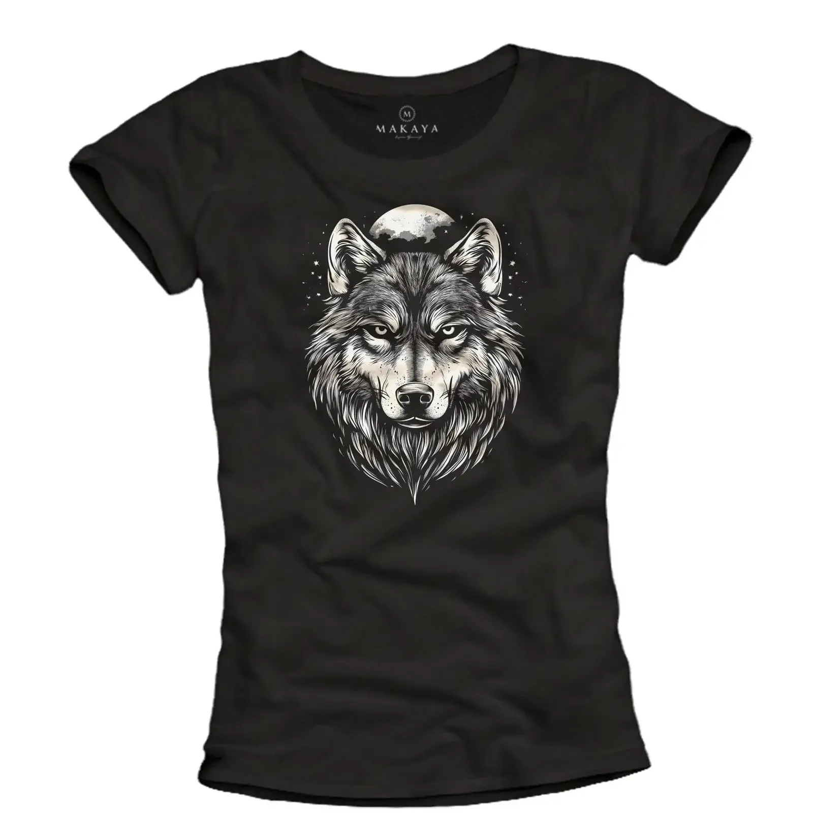 Women amp 39 s T Shirt with Dog Motif German Shepherd Wolf Moon  Top Head Black Size XL vintage Washed Slightly Breathable
